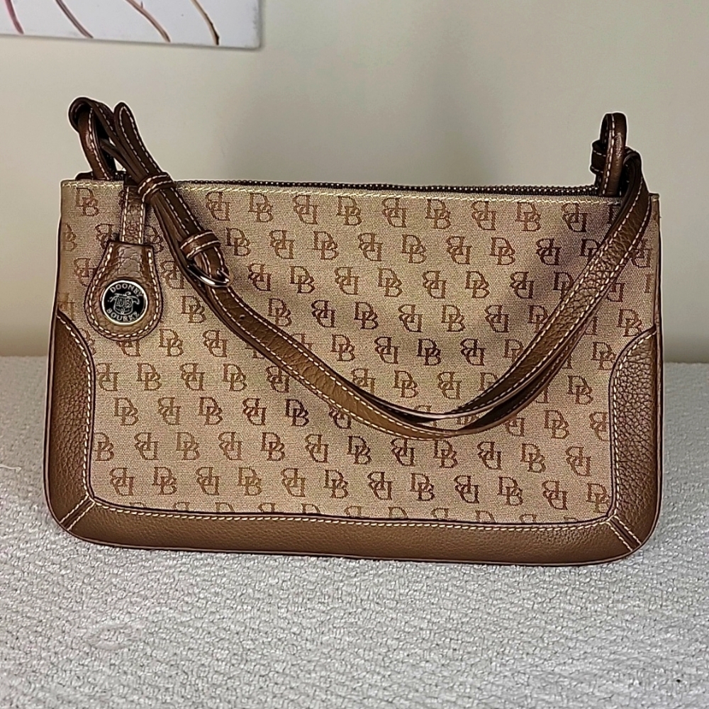 Dooney and Bourke Monogram Slim Tan Canvas Bag with Leather Trim